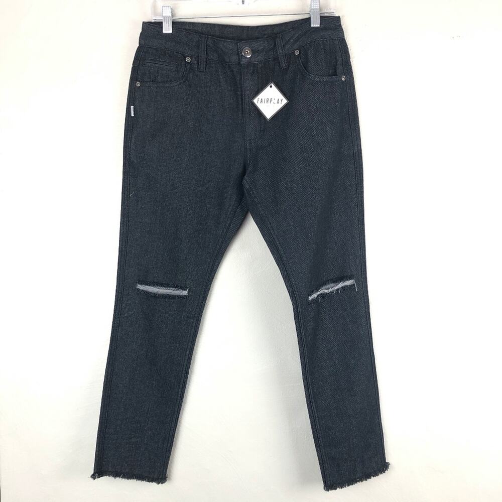 Fairplay Dark Wash Filmore Factory Distressed Zip Button Raw Hem Denim Jean Pant